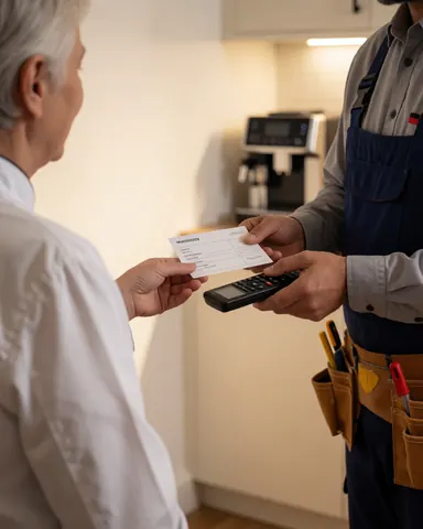 Un technicien de réparation d'appareils de cuisine remet une carte de garantie et une télécommande à un client dans une cuisine moderne.