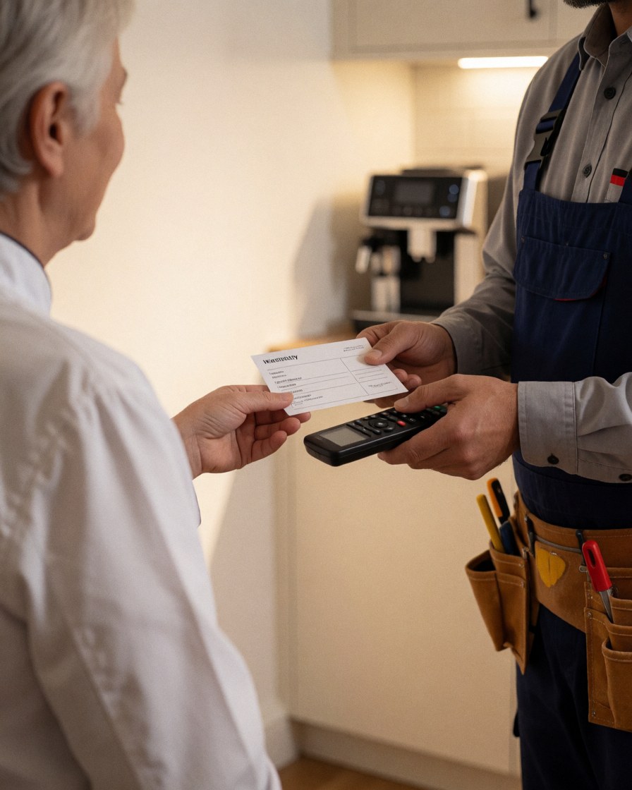 Un technicien de réparation d'appareils de cuisine remet une carte de garantie et une télécommande à un client dans une cuisine moderne.