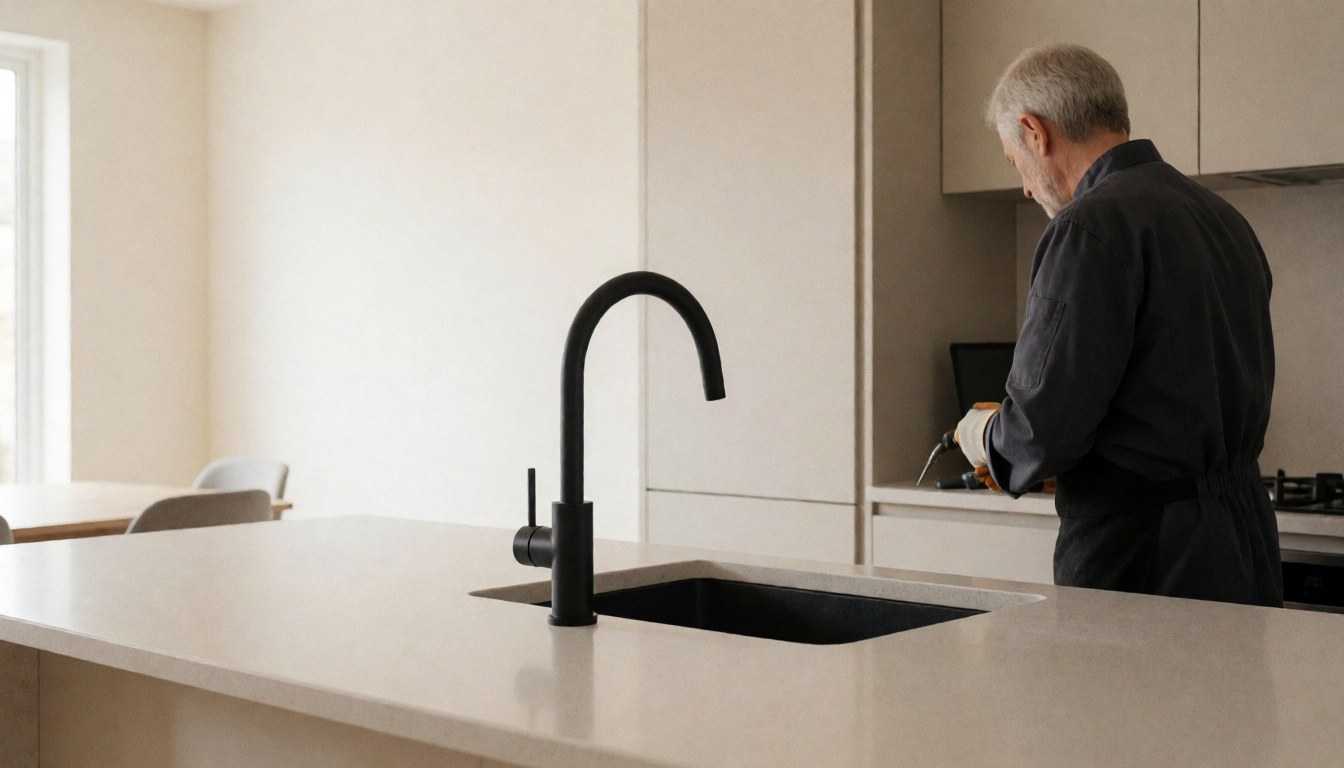 Plombier avec gants travaillant sur un robinet noir dans une cuisine moderne aux murs blancs et au mobilier épuré, illustrant des services de réparation de tuyauterie.
