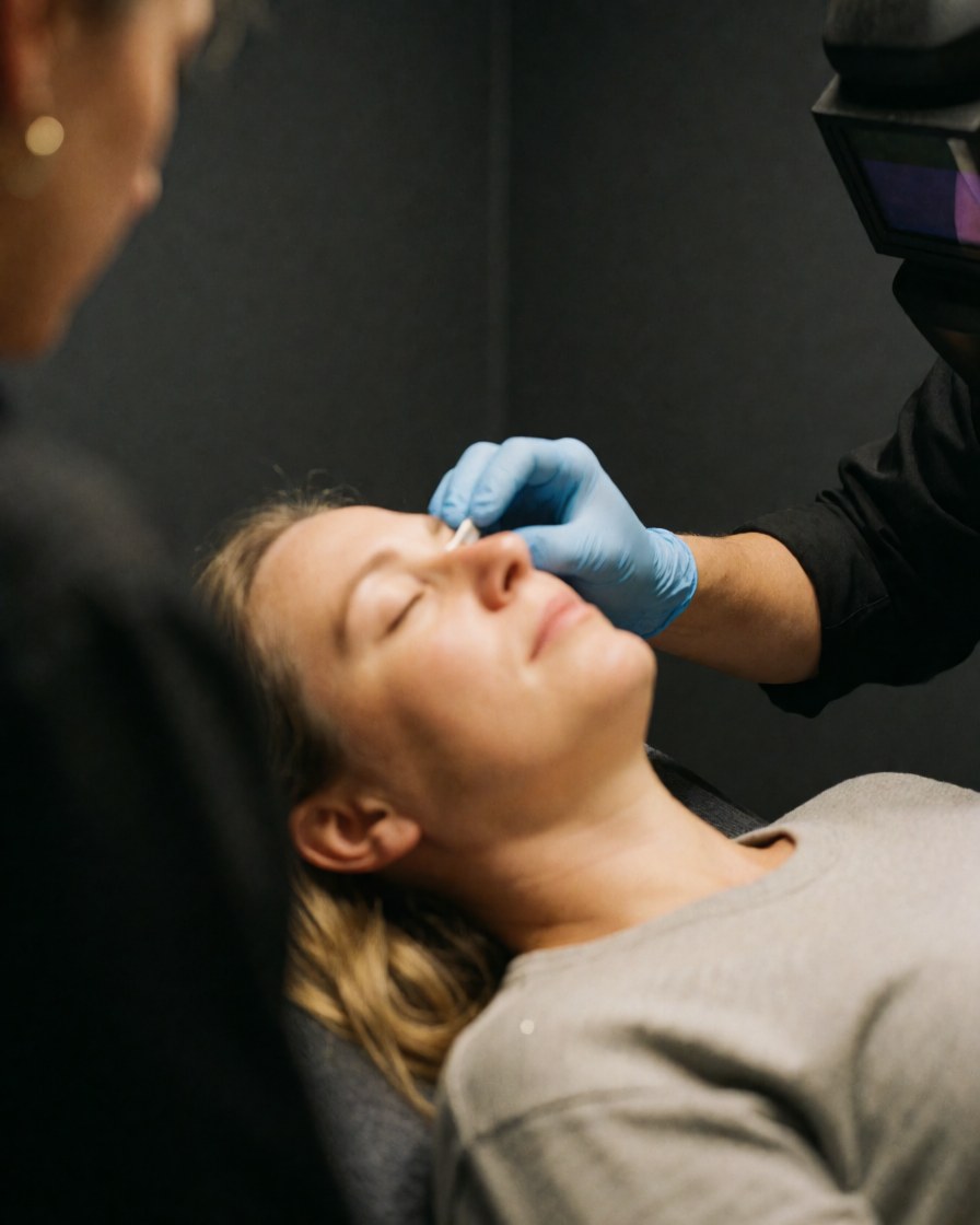 Cliente les yeux fermés recevant des soins post-microblading, technicienne en gant bleu appliquant un produit près de l'œil dans un salon de beauté.