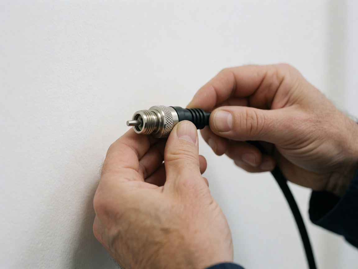 Gros plan de mains ajustant un connecteur coaxial métallique sur un câble noir contre un mur blanc, détail technique pour réparation de téléviseurs.