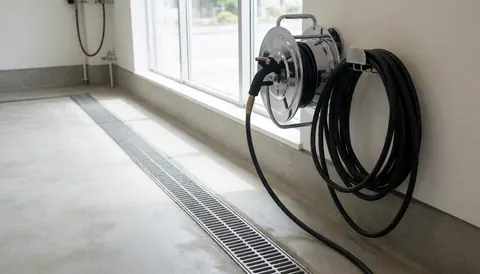 Vue d'une zone de lavage avec un canal de drainage métallique, un tuyau haute pression et une grande fenêtre laissant entrer la lumière naturelle.