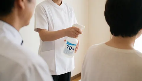 Un thérapeute en uniforme blanc utilise un spray d'alcool à 70% pour désinfecter la zone de massage avec ventouses, client de dos, murs blancs.