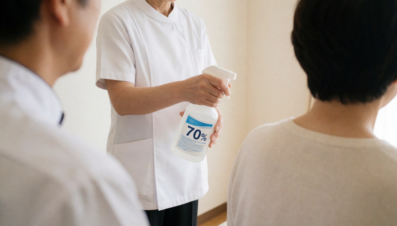 Un thérapeute en uniforme blanc utilise un spray d'alcool à 70% pour désinfecter la zone de massage avec ventouses, client de dos, murs blancs.