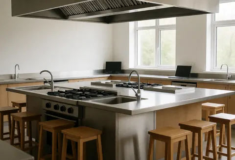 Cuisine communautaire moderne avec îlot central en acier inoxydable, éviers, fours à gaz et chaises en bois, éclairée par la lumière naturelle.