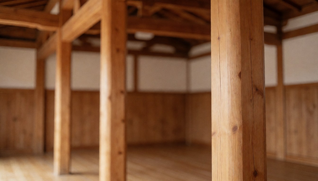 Vue des poutres en bois dans un dojo vide avec murs et sol en bois, idéal pour fond de texte dans une école d'arts martiaux