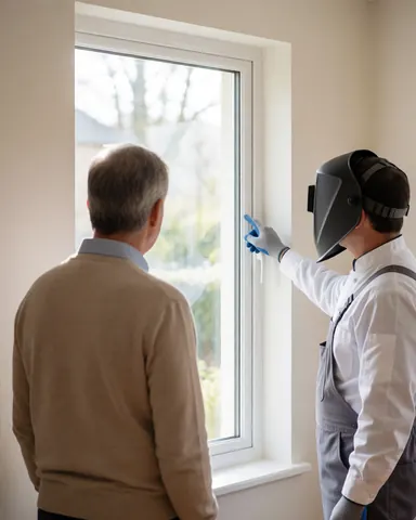 Un technicien portant un casque de soudeur montre la vitre fraîchement installée dans un cadre blanc tandis qu'un client observe la scène.
