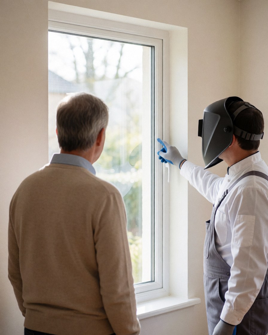 Un technicien portant un casque de soudeur montre la vitre fraîchement installée dans un cadre blanc tandis qu'un client observe la scène.
