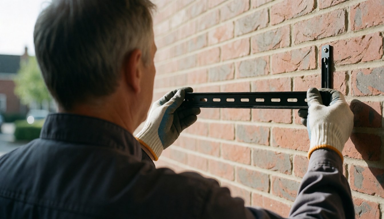 Un ouvrier ganté fixe un montage métallique pour store sur un mur de briques rouges en extérieur sous lumière naturelle.