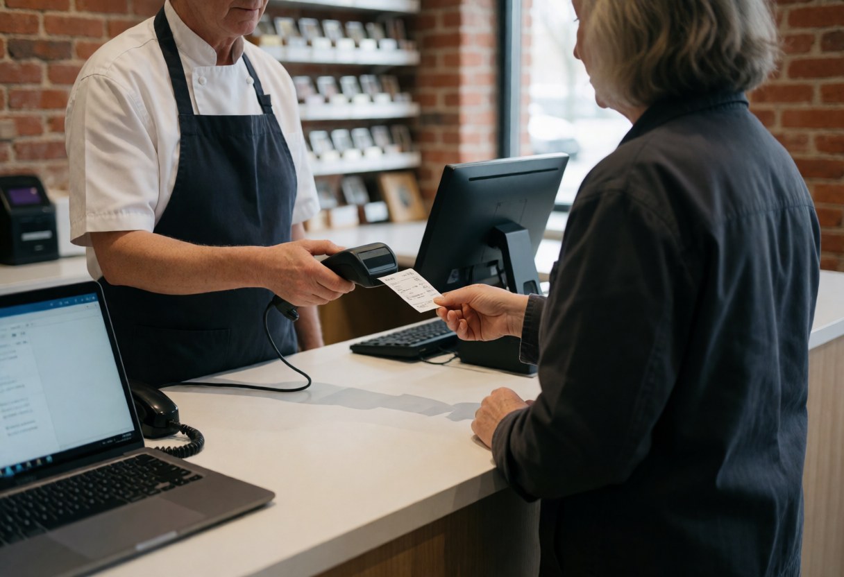 Employé en uniforme derrière une caisse enregistreuse moderne, effectuant une transaction avec un client dans un commerce intérieur.