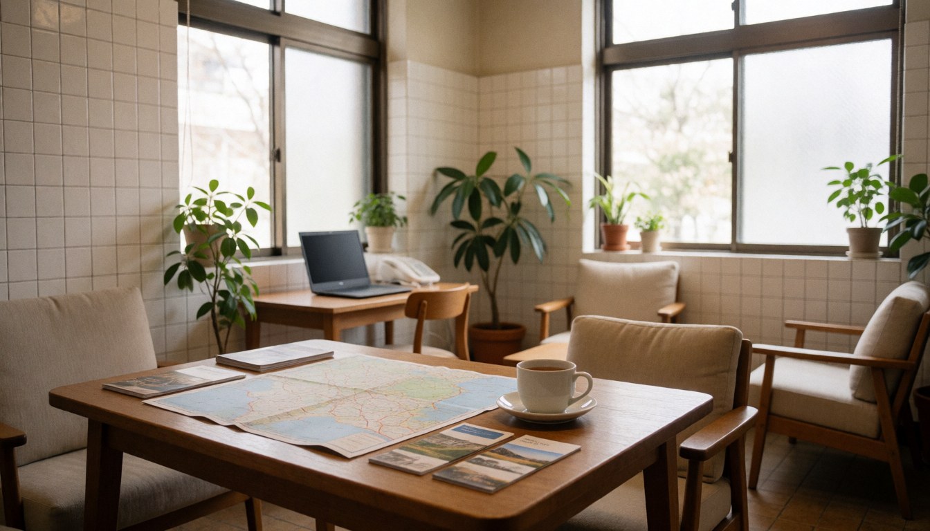 Vue d'un salon de gîte accueillant avec une carte, une tasse de thé, des brochures, des fenêtres laissant entrer la lumière naturelle et des plantes.
