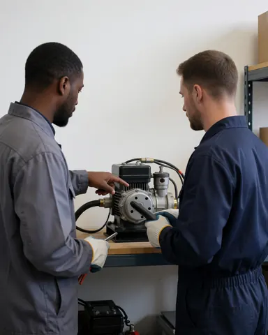 Deux techniciens vérifient une machine hydraulique dans un atelier industriel avec des étagères et des murs blancs, illustrant un service de réparation d'ascenseurs.