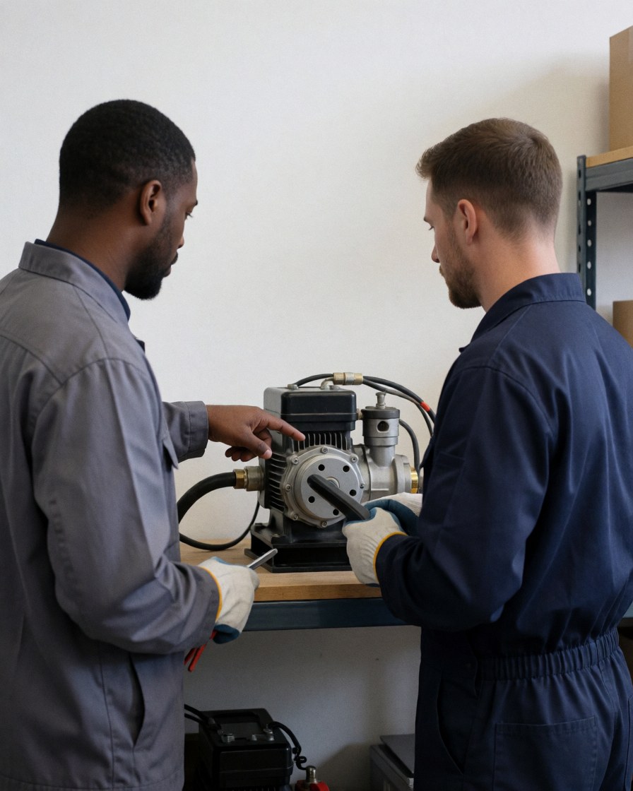 Deux techniciens vérifient une machine hydraulique dans un atelier industriel avec des étagères et des murs blancs, illustrant un service de réparation d'ascenseurs.