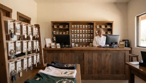 Coffre cadeau d'un centre équestre contenant des clés, des t-shirts et un ordinateur sur fond clair avec lumière naturelle.