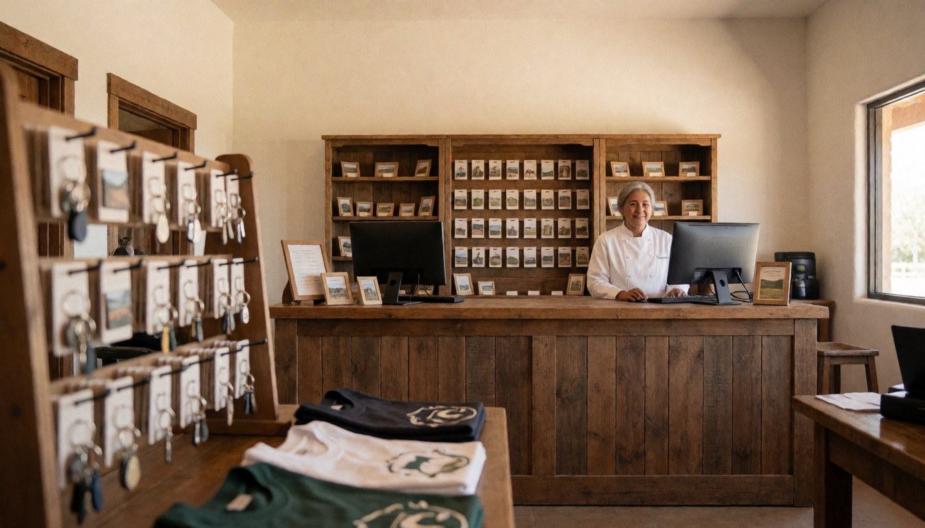Coffre cadeau d'un centre équestre contenant des clés, des t-shirts et un ordinateur sur fond clair avec lumière naturelle.