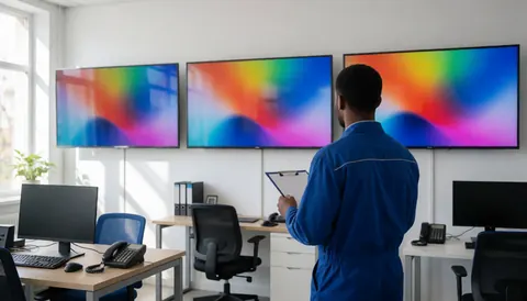 Un technicien en uniforme bleu examine trois grands écrans allumés dans un atelier moderne baigné de lumière naturelle.