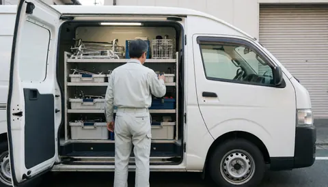 Un technicien de réparation examine ses outils dans une fourgonnette blanche aux portes ouvertes, scène de service professionnel.
