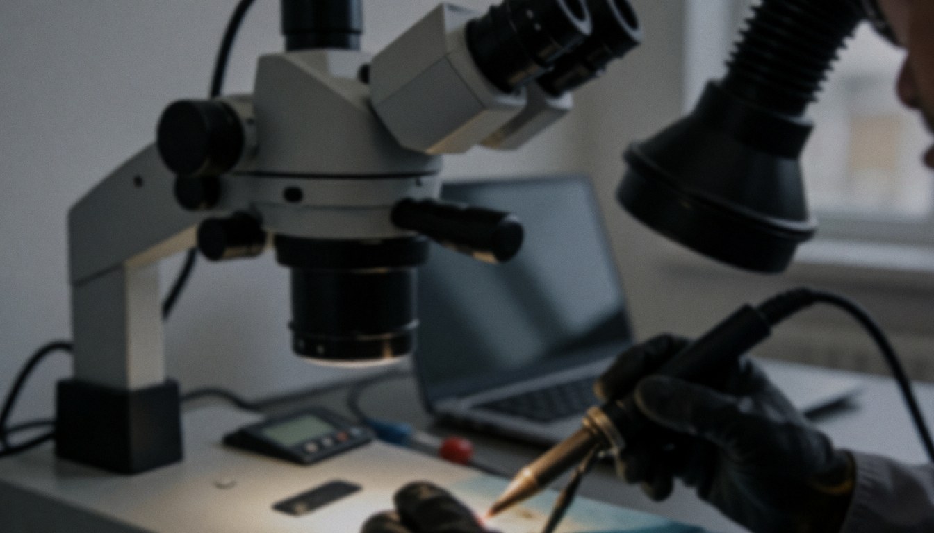 Vue rapprochée d'un microscope numérique et d'un fer à souder posés sur une table de travail, évoquant un environnement technique pour la réparation de téléphones.