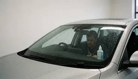 Un technicien applique un produit répulsif sur le pare-brise d'un véhicule mouillé dans un atelier de lavage automobile.
