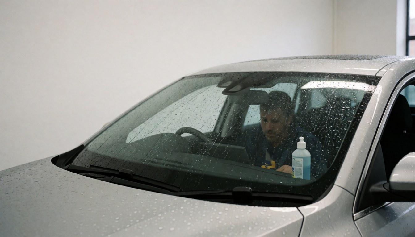 Un technicien applique un produit répulsif sur le pare-brise d'un véhicule mouillé dans un atelier de lavage automobile.