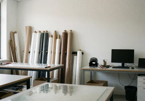 Atelier d'impression avec des rouleaux de film laminé, des tables de travail, un ordinateur, des murs blancs et une lumière naturelle.