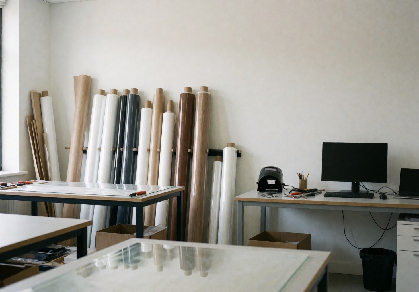 Atelier d'impression avec des rouleaux de film laminé, des tables de travail, un ordinateur, des murs blancs et une lumière naturelle.