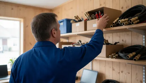 Technicien en uniforme bleu tenant des tuyaux de gaz près d'une étagère dans un atelier aux murs en bois avec lumière naturelle.