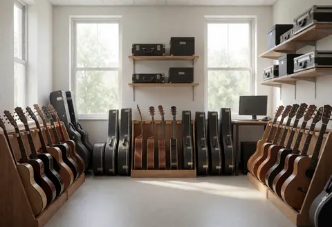 Intérieur d'une boutique de musique avec des guitares disposées sur des étagères en bois, des caisses de guitare et des fenêtres laissant entrer la lumière naturelle.