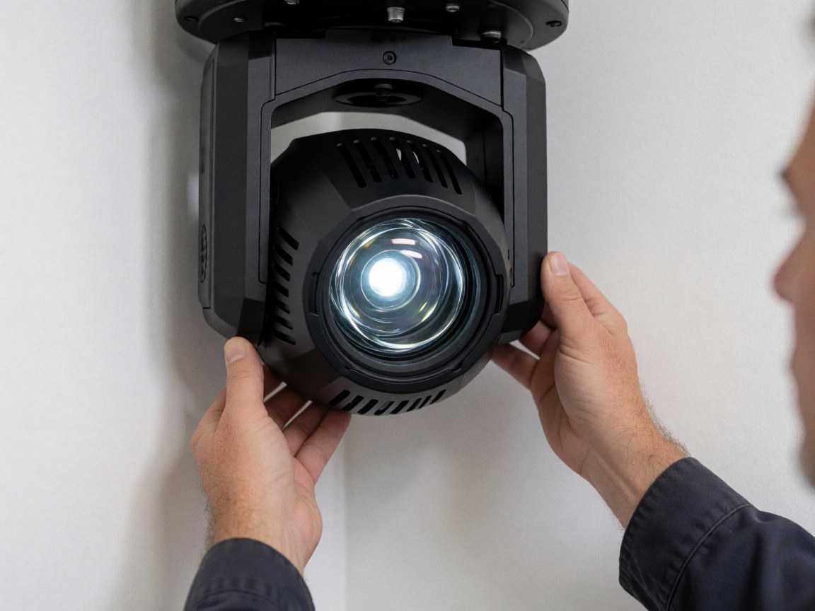Des mains ajustent la lentille d'un projecteur d'éclairage pour événements, montrant les ventilations et un fond blanc, idéal pour la production.