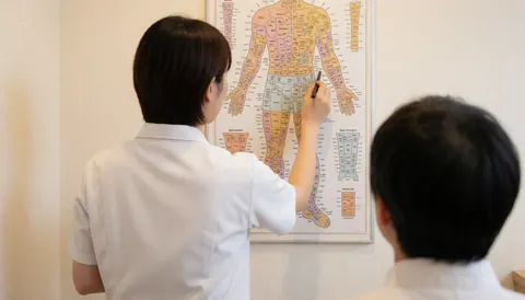 Un thérapeute en tenue blanche pointe une zone spécifique sur un mur avec un crayon, pendant qu'un client observe la scène.