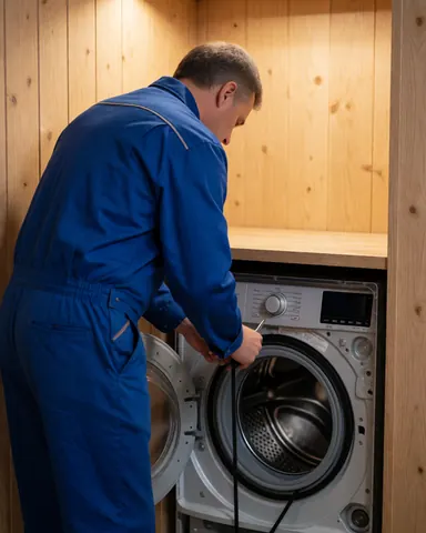 Un technicien en uniforme bleu effectue la réparation d'une machine à laver en installant une courroie dans un intérieur.