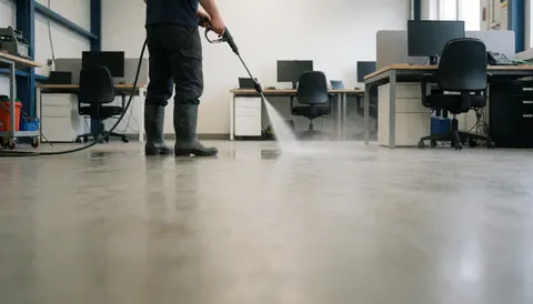 Un ouvrier en bottes en caoutchouc nettoie un sol en béton avec un nettoyeur haute pression dans un bureau industriel.