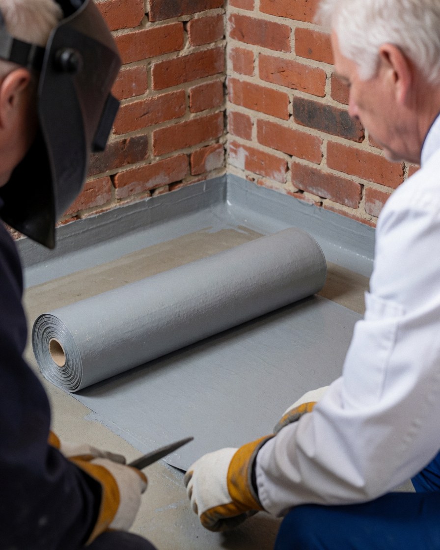 Deux installateurs appliquent une membrane grise sur un sol en ciment dans un coin avec des murs en briques rouges, illustrant le processus d'étanchéification.