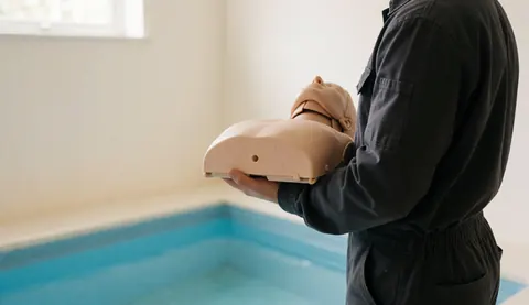 Entraîneur de natation professionnel tenant un mannequin de réanimation cardio-pulmonaire au bord d'une piscine bleue, posture droite et sérieuse, idéal pour une page d'accueil de site web.