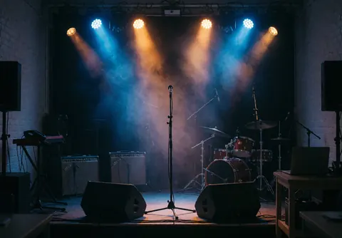 Scène de concert avec microphone central, batterie, haut-parleurs et lumières de scène illuminant la fumée et les murs de briques blanches.