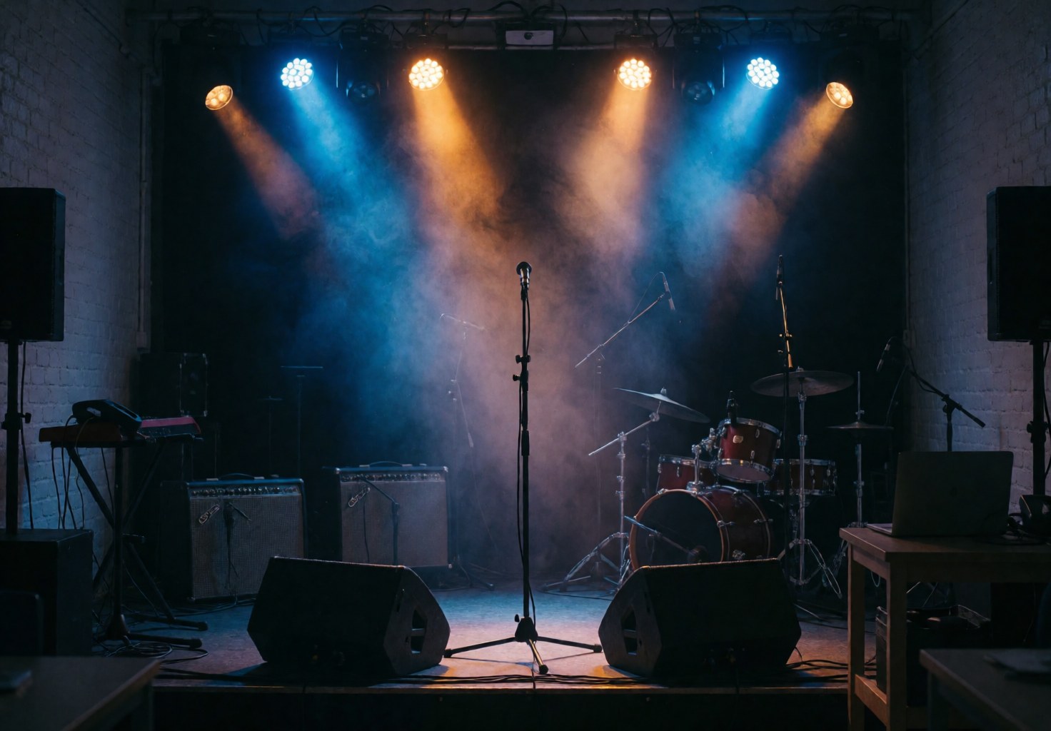Scène de concert avec microphone central, batterie, haut-parleurs et lumières de scène illuminant la fumée et les murs de briques blanches.