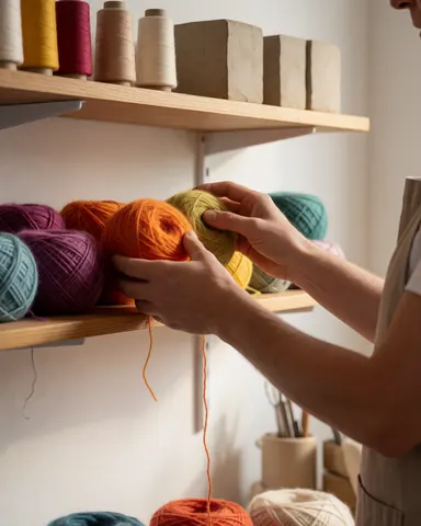 Des mains sélectionnant des pelotes de laine colorée dans un atelier artisanal, avec des étagères en bois et des blocs d'argile éclairés par la lumière naturelle.