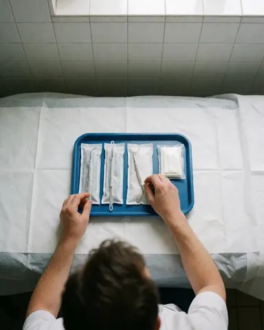 Thérapeute disposant des instruments stériles sur une table recouverte d'un drap blanc, dans un environnement propre et ordonné avec des murs carrelés blancs.