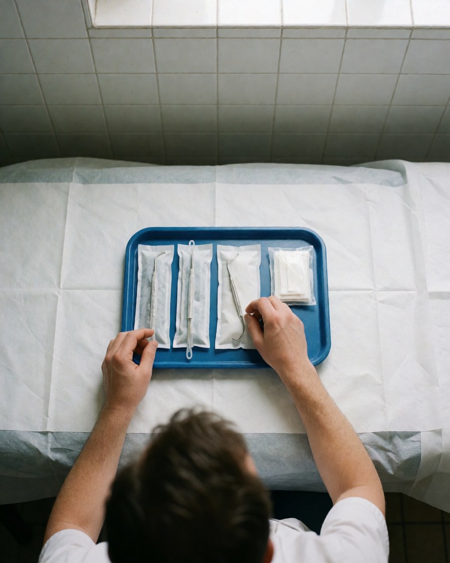 Thérapeute disposant des instruments stériles sur une table recouverte d'un drap blanc, dans un environnement propre et ordonné avec des murs carrelés blancs.