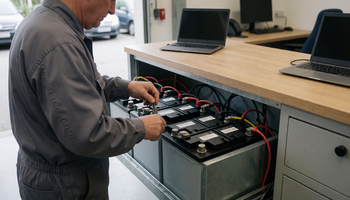 Un technicien branche des câbles rouges et noirs sur des batteries AGM dans une boîte métallique lors d'une intervention en atelier de réparation de campers.