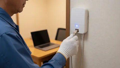 Technicien en uniforme bleu avec gant connectant un câble à un répéteur blanc sur un mur, dans un bureau avec un ordinateur portable.