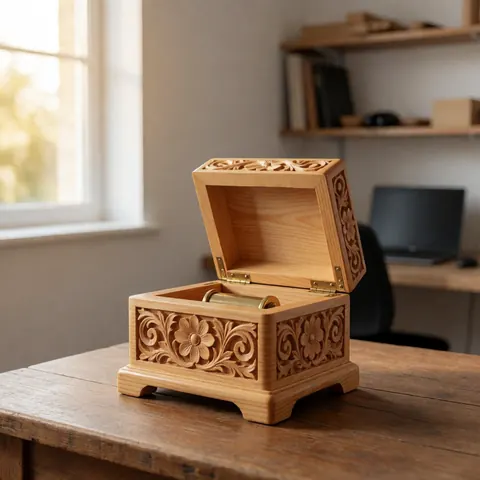 Caisse en bois sculptée avec détails floraux ouverte sur une table en bois baignée de lumière naturelle, idéale pour un artisanat.