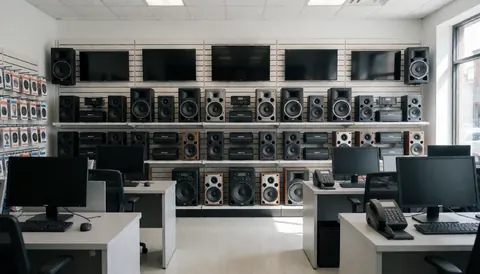 Mur d'enceintes et amplificateurs dans un magasin d'accessoires automobiles. Espace commercial propre et bien éclairé avec moniteurs et présentoirs.