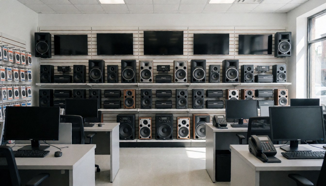 Mur d'enceintes et amplificateurs dans un magasin d'accessoires automobiles. Espace commercial propre et bien éclairé avec moniteurs et présentoirs.