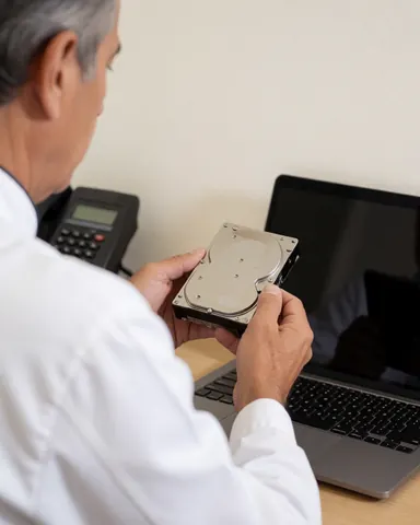 Un technicien répare un disque dur dans un bureau avec un ordinateur portable ouvert et un mur crème, montrant l'attention au détail en réparation électronique.