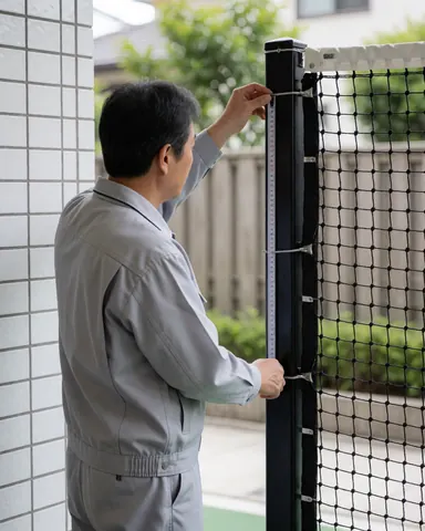 Un technicien mesure un poteau de filet de tennis avec un mètre ruban devant un mur de carreaux blancs, tandis qu'un client satisfait observe la scène.