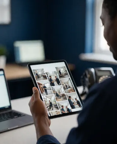 Une cliente examine sa galerie de photos sur une tablette dans un atelier de photographie aux murs bleus, dans un cadre professionnel.