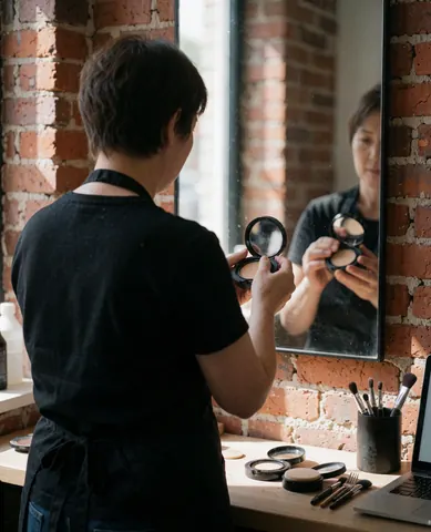 Maquilleuse professionnelle préparant un compact de maquillage devant un miroir dans un studio avec mur en briques et lumière naturelle.