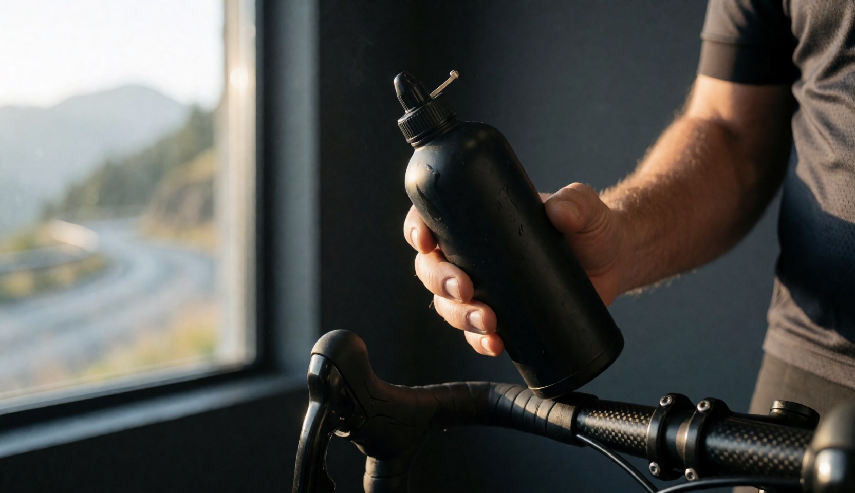Main d'un coach cycliste tenant une bouteille noire sur un guidon en carbone avec une vue montagne au lever du jour et des murs gris en arrière-plan