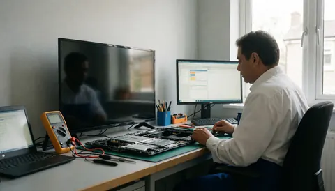 Technicien vérifiant un téléviseur démonté sur une table avec un multimètre et un logiciel sur écran, éclairé par la lumière naturelle d'une fenêtre.